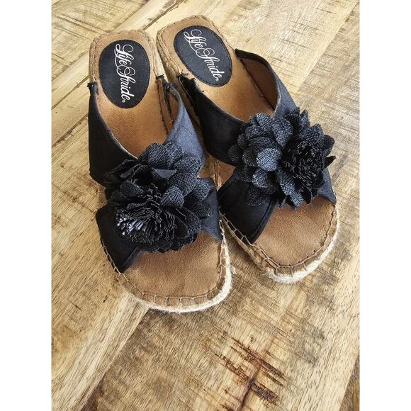 Life Stride Black Wedge Slide Canvas Sandals in Box Women's Size 7 M EUC - Picture 3 of 11